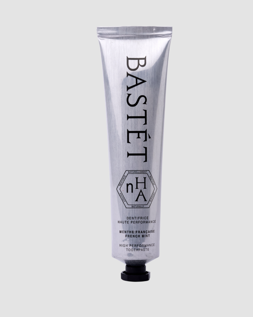 Bastét French Mint Toothpaste in a brushed aluminium tube with the 10% nano hydroxyapatite nHA seal