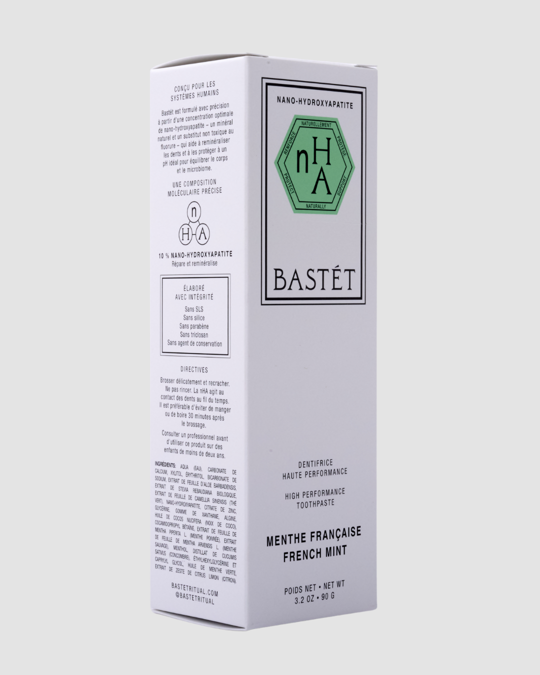 Bastét French Mint Toothpaste carton with the green nHA seal