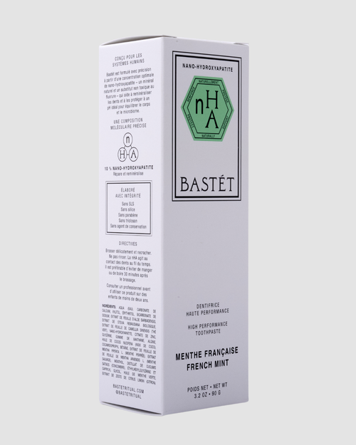 Bastét French Mint Toothpaste carton with the green nHA seal